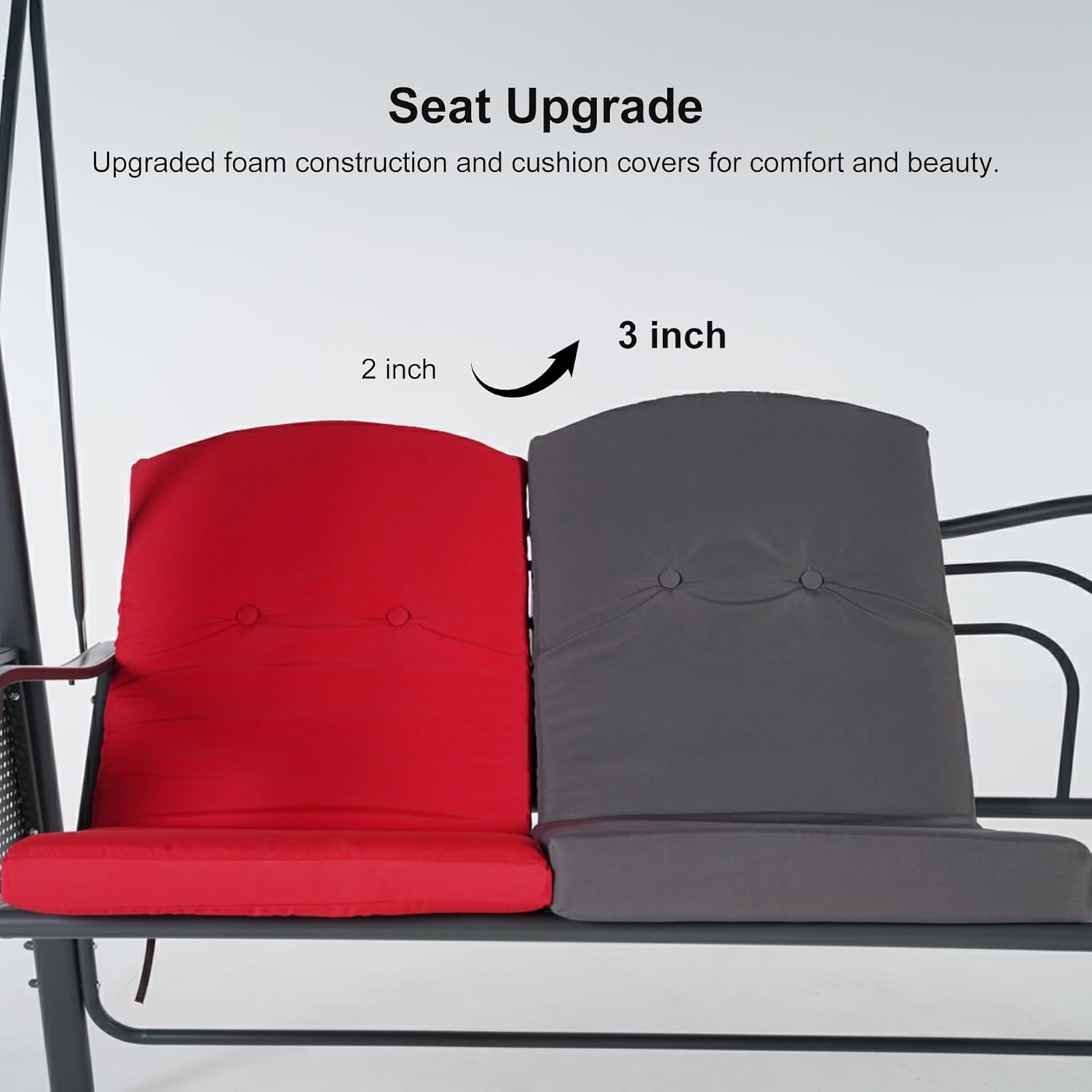 PURPLE LEAF Outdoor Patio Porch Swing with Stand, 3-seat Swing Chair with Adjustable Tilt Canopy All-Weather Steel Frame for Backyard Front Porch Lawn, Cushions and Pillow Included, Grey-VerdiqueGarden