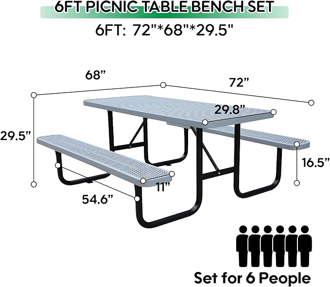6FT Metal Picnic Tables for Outdoors, Commercial Rectangular Picnic Table and Bench Set for Outside, Patio, Garden, Backyard, Porch, Surface Mount, Grey-VerdiqueGarden
