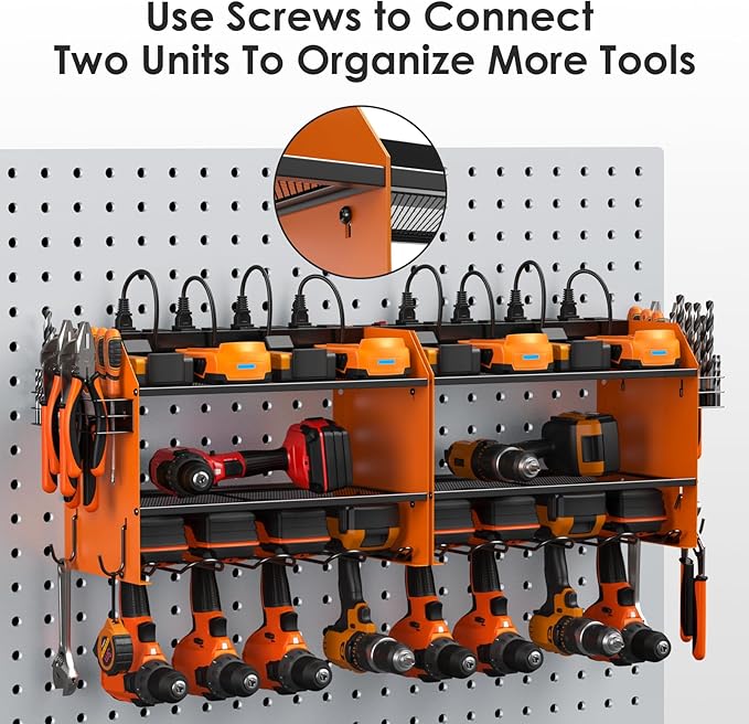 CCCEI Set Power Tool Organizer Wall Mount with Charging Station. Garage 4 Drill Storage Shelf with Hooks, Heavy Duty Metal Tool Battery Charger Organizer. Shop Utility Rack with Power Strip Orange.-VerdiqueGarden