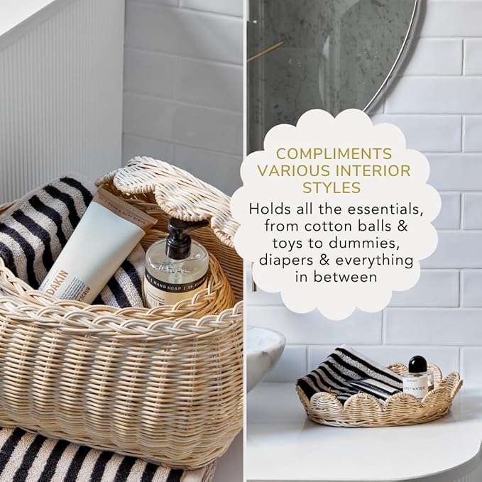 BEBE BASK The Original Scalloped Basket Set Of 2 – Small Scallop Basket - 15 x 10 x 6 In - Hand-Woven & Award-Winning - Elegant Wicker With Scalloped Edge Lid - Nursery Storage - (Natural)-VerdiqueGarden