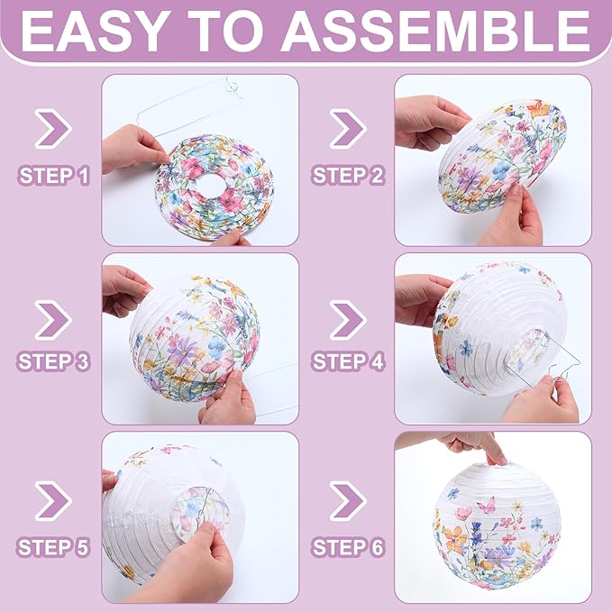 Riakrum 12 Pcs Wildflower Paper Lantern Set Floral Party Decorations Flower Paper Round Lanterns Wildflower Lantern Kit for Spring Baby Shower Bridal Shower Wedding Birthday Tea Party Supplies-VerdiqueGarden