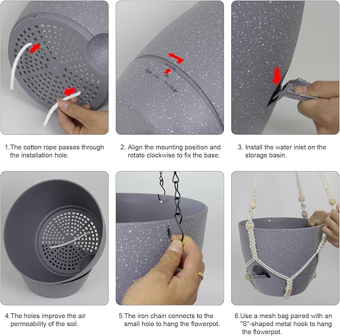 Self Watering Hanging Planters 10 inch, 2 Pack Hanging Flower Pots for Indoor Outdoor Plants, Hanging Baskets with Drainage Holes & 2 Kinds of Plant Hangers for Garden Decor, Speckled Grey-VerdiqueGarden