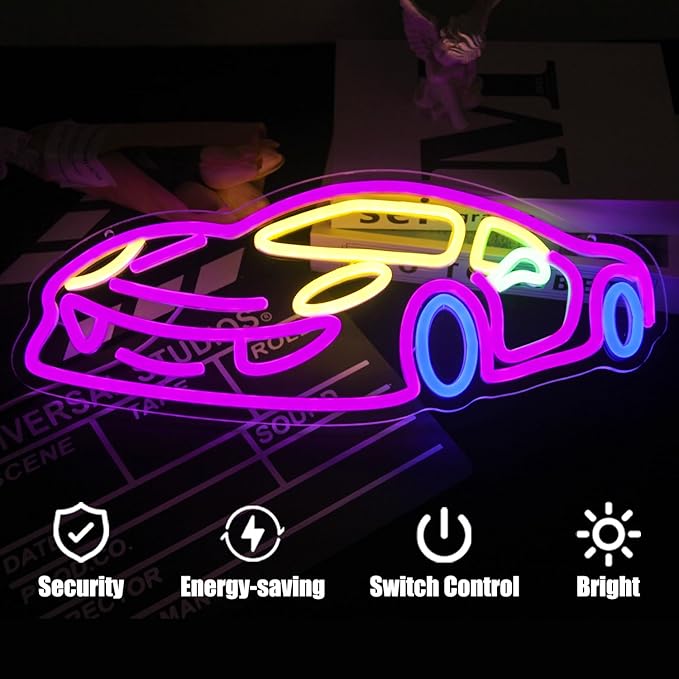 Car Neon Sign for Wall Decor Sports Car Neon Light Racing Car Neon Sign Colorful Car LED Neon Lights Signs Race Car Neon Light Up Sign for Bedroom Game Room Man Cave Garage Boy Gifts-VerdiqueGarden