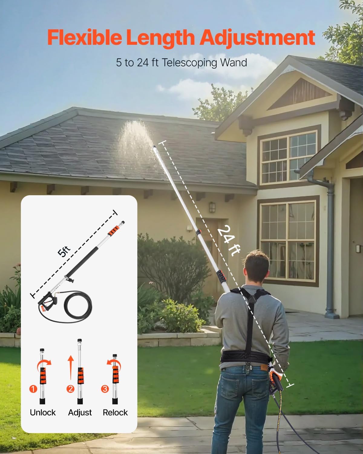 VEVOR Pressure Washer Telescoping Wand, 24 ft, 4000 psi, Telescopic Spray Wand with Power Washer Extension Wands, Gutter Cleaner, Pivoting Coupler, 7 Spray Nozzle Tips and Adjustable Support Harness-VerdiqueGarden