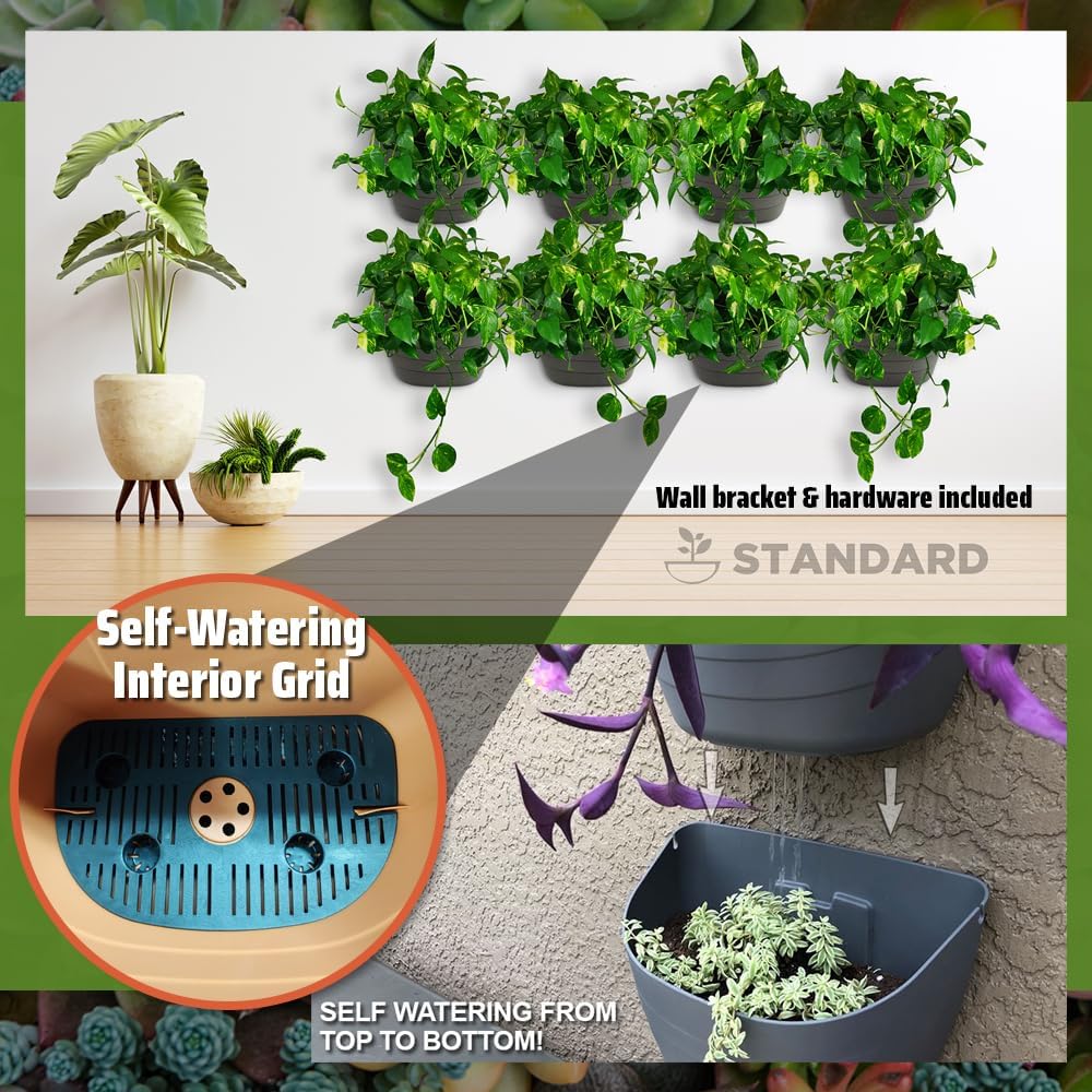 12 Inch Gray Wall Planter, Self-Watering Concrete Hanging Planter for Indoor & Outdoor Use, Large Wall Planter with Self-Watering Grid, Ideal for Flowers, Vegetables & Herbs, UV Resistant-VerdiqueGarden