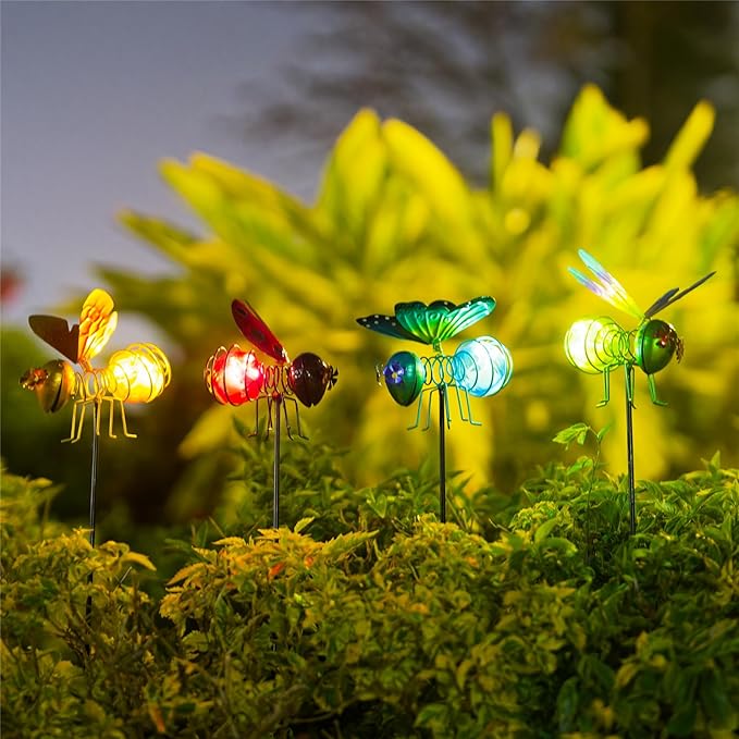Insects Solar Garden Lights, 22.4" H Butterfly & Bee & Dragonfly & Ladybug Solar Stake Light, 4 Pcs Outdoor Statues Figurine Lights for Spring Garden Lawn Patio Yard Decoration-VerdiqueGarden