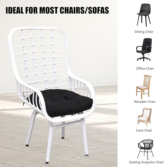 RACE LEAF Outdoor Cushions 17" x 17" Patio Chair Seat Pads, Set of 2 Thick Fill Tufted Square Patio Cushions, Water-Resistant Olefin Chair Seat Cushion with Ties for Non-Slip Support, Black-VerdiqueGarden