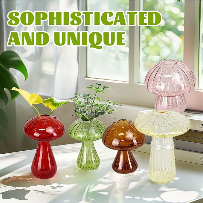 5 Pcs Mushroom Glass Planter for Plants, Stylish Unique Mushroom Vase for Home Decoration,Colorful Propagation Jars,Ideal Gardening Companion and Creative Floral Arrangement-VerdiqueGarden