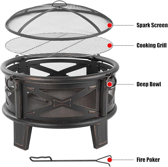 Breezz 26 Inch Wood Burning Fire Pit with Cooking Grill and Spark Screen, Outdoor Metal Round Firepit for Patio, Backyard, Bonfire Party, Camping-VerdiqueGarden
