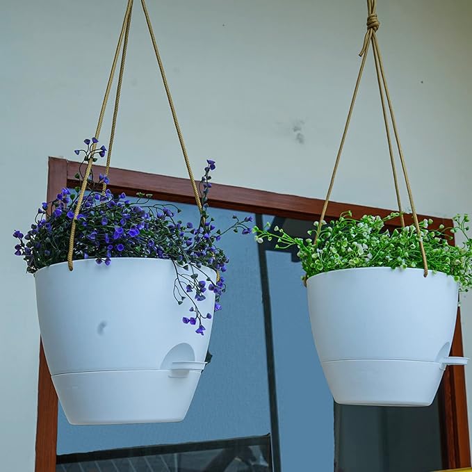 10 Inch Self Watering Hanging Pots, 2 Pack Hanging Planters with 40oZ Deep Reservior for Indoor Outdoor Plants Flowers, White-VerdiqueGarden