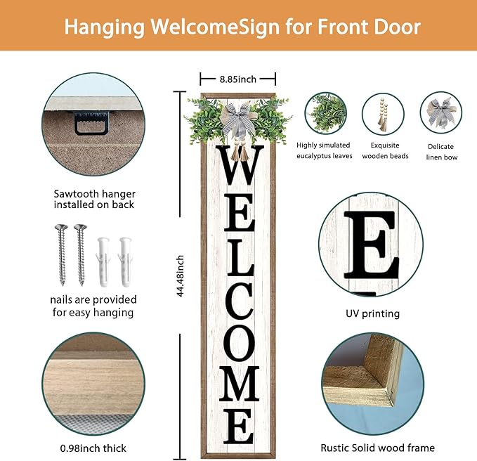 Surfapans Welcome Sign for Front porch Standing 45"X9"Large Wood Frame Outdoor Tall Welcome Signs Vertical Decor for Farmhouse Rustic Home Modern Outside Front Door Wall Decorations (Wood White)-VerdiqueGarden