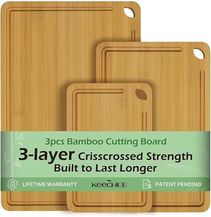 Wood Cutting Board for Kitchen - Reversible Bamboo Cutting Boards Gift Set of 3 with Juice Groove, Wooden Chopping Board for Meat, Fruit, Vegetables & Cheese (Pre Oiled, Natural)-VerdiqueGarden