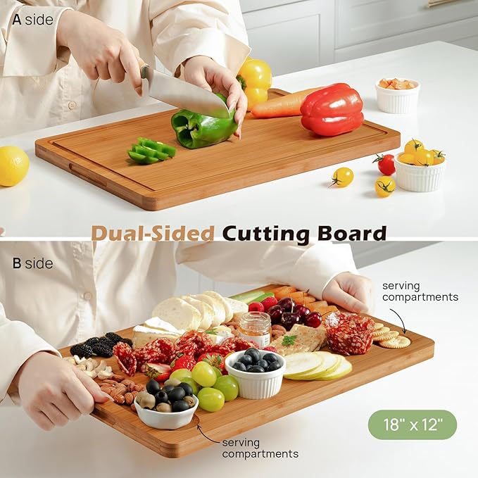 Extra Large Bamboo Cutting Board for Kitchen - 18 Inch Wood XL Cutting Boards with Juice Groove and Handles, Wooden Chopping Board for Meat, Cheese, Fruit & Vegetables (Pre Oiled, Brown)-VerdiqueGarden
