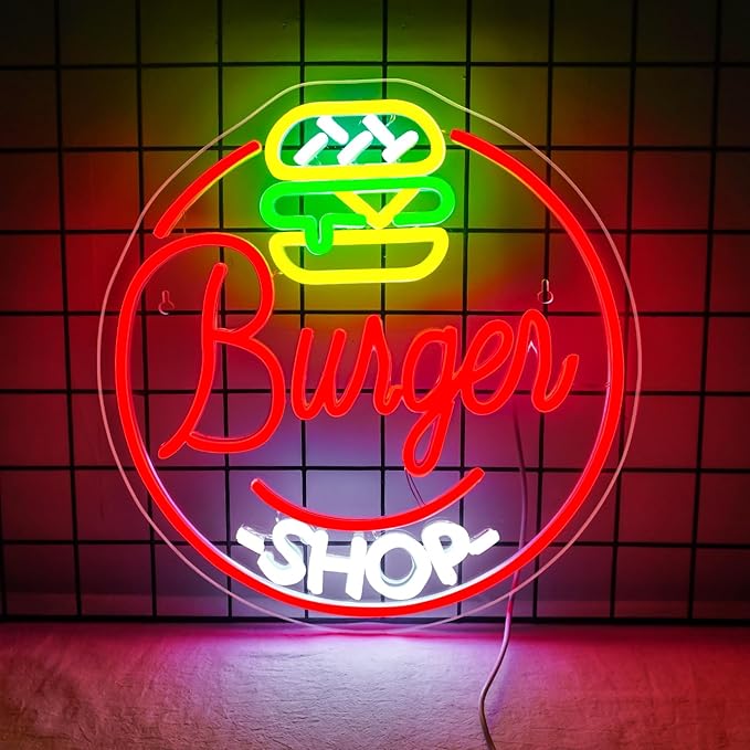 Hamburger Shop Neon Sign Hamburger Neon Signs for Wall Decor Dimmable Hamburger Neon Lights LED Light Up Sign for Hamburger Shop,Bar,Restaurant,Food Shop,Pub Decoration-VerdiqueGarden