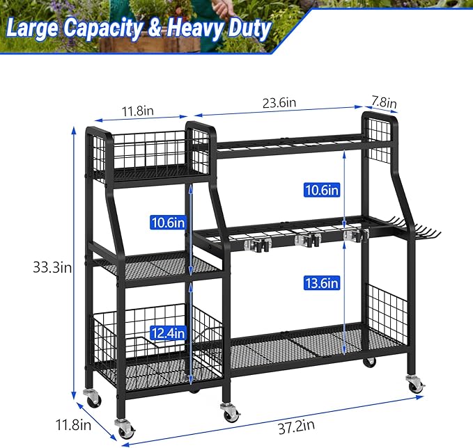 keomaisyto Garden Tool Organizer with 6 Wheels(3 lockable), Heavy Duty Yard Tool organizer with 2 Basket, Large Metal Garage Tool Organization and Storage for Garage/Shed/Yard/Broom Closet/Lawn-VerdiqueGarden