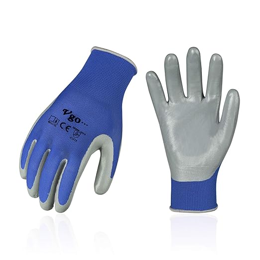 Vgo... 10-Pairs Safety Work Gloves, Gardening Gloves, Non-slip Nitrile coating, Dipping Gloves (Size XL, Blue, NT2110)-VerdiqueGarden