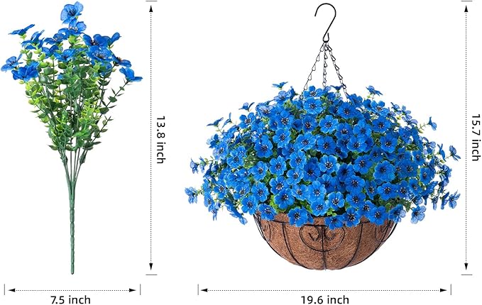 Artificial Fake Hanging Plants Flowers with Basket Outdoor Decor Faux Silk Daisy Flower Arrangements in Pot Planter for Porch Home Indoor Patio Garden Yard Decoration, Blue-VerdiqueGarden