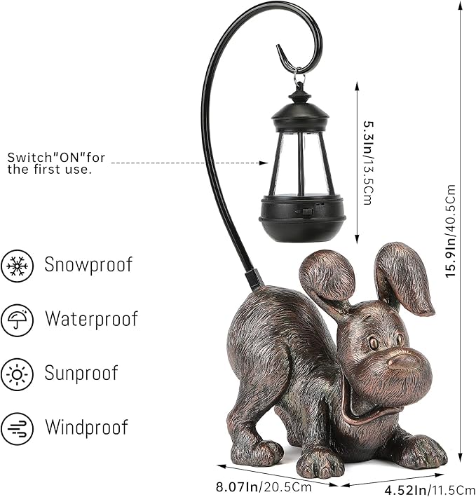 Laughing Dog Figurine with Solar-Powered LED Light 15.9 Inches Tall Antique Bronze, Perfect for Gift Garden Decor or Housewarming for Dog Lovers-VerdiqueGarden