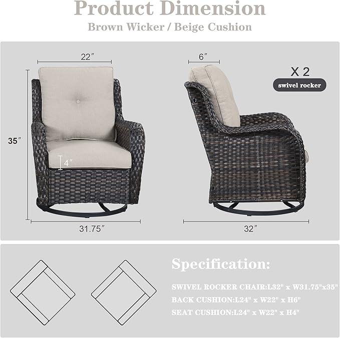 Outdoor Swivel Rcoker Patio Chairs - Outdoor Swivel Patio Chairs Set of 2 Wicker Chair Patio Furniture Sets with Covered Cushion for Porch Deck Balcony Garden, Beige-VerdiqueGarden