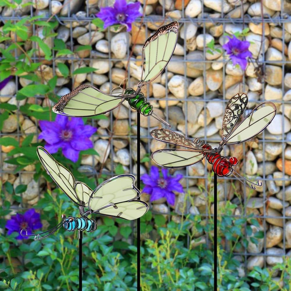 Juegoal 20 Inch Butterfly Garden Stakes Decor, Dragonfly Stakes, Hummingbird Glow in Dark Metal Yard Art for Mom, Mothers Day Ideal Gifts, Indoor Outdoor Lawn Pathway Patio Ornaments, Set of 3-VerdiqueGarden