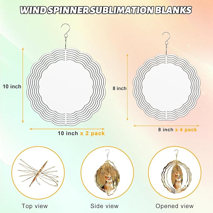 Remiawy Sublimation Wind Spinner Blanks, 6 Pack 10 Inch 3D Aluminum Metal Hanging Wind Spinners Sublimation Blanks Kinetic Sculpture DIY Crafts for Yard Garden Indoor Outdoor Porch Decoration Round-VerdiqueGarden