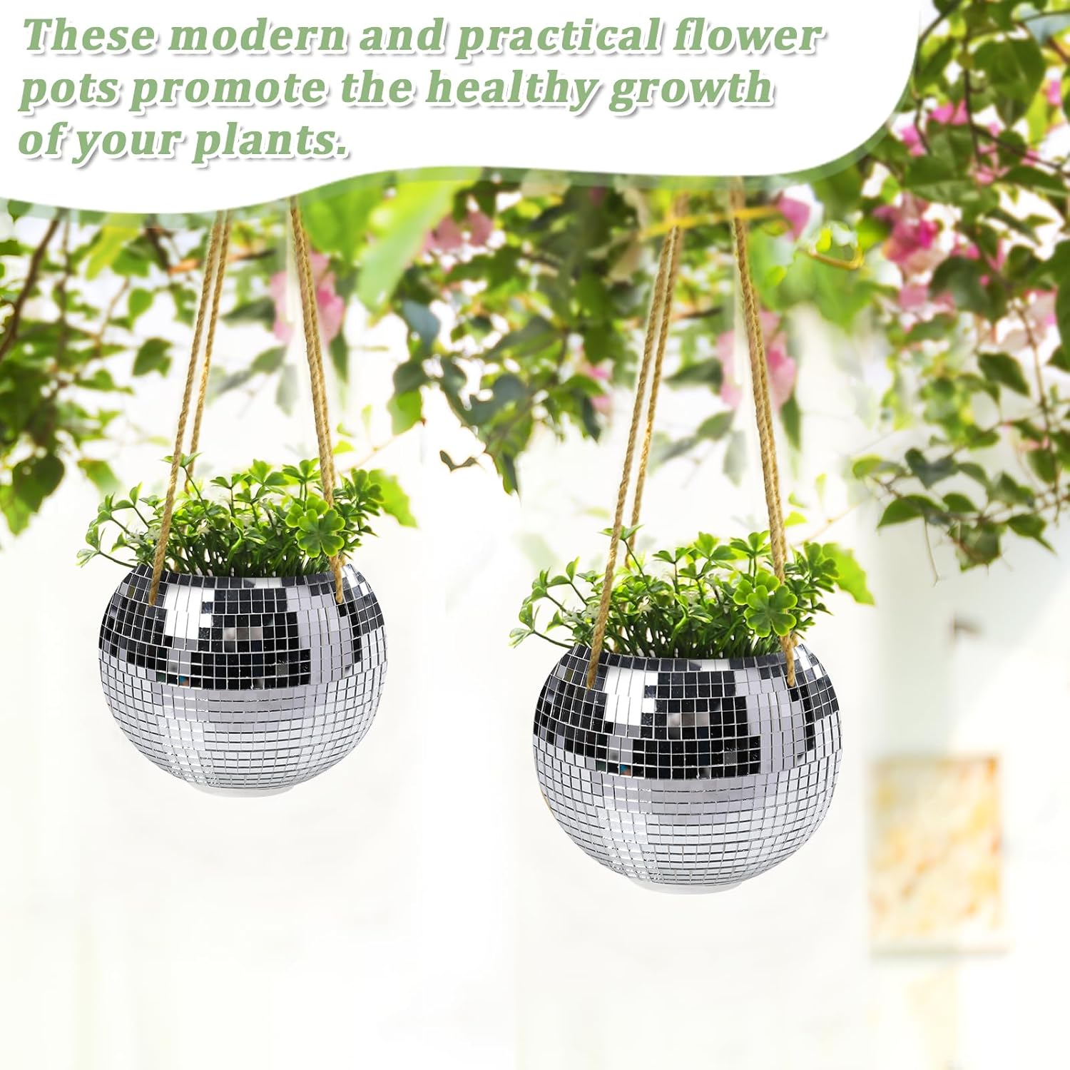 Hanging Planter Mosaic Garden Pot Small Flower Pot for Indoor Plant Disco Ball Hanging Planter with Drainage Sliver Check-VerdiqueGarden