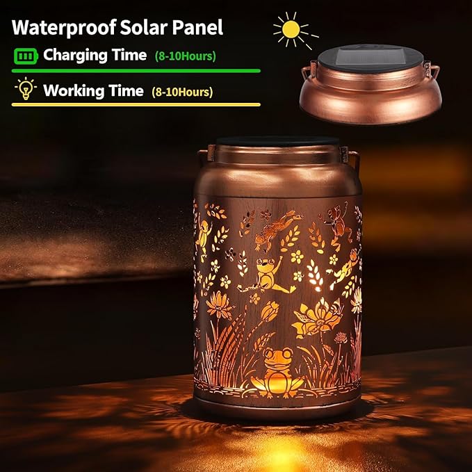 2 Pack Solar Lanterns Outdoor Waterproof, Frog Garden Decor Gifts for Women Mom Grandma Hanging Solar Lights Metal Solar Decoration Outside for Yard, Patio, Lawn, Pathway, Landscape-VerdiqueGarden