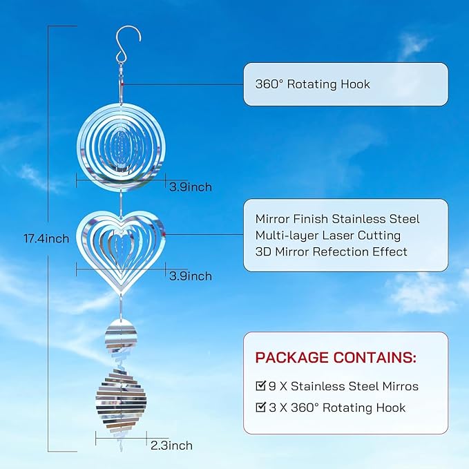 Bird Deterrents for Outside, Reflective 3D Stainless Steel Wind Spinners, Garden Decor, Bird Scare Devices to Keep Woodpeckers, Pigeons Away from Your House, Patio, Orchards-VerdiqueGarden