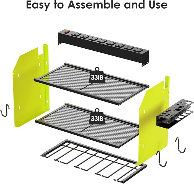 CCCEI Set Power Tool Organizer Wall Mount with Charging Station. Garage 4 Drill Storage Shelf with Hooks, Heavy Duty Metal Tool Battery Charger Organizer. Shop Utility Rack with Power Strip Green.-VerdiqueGarden