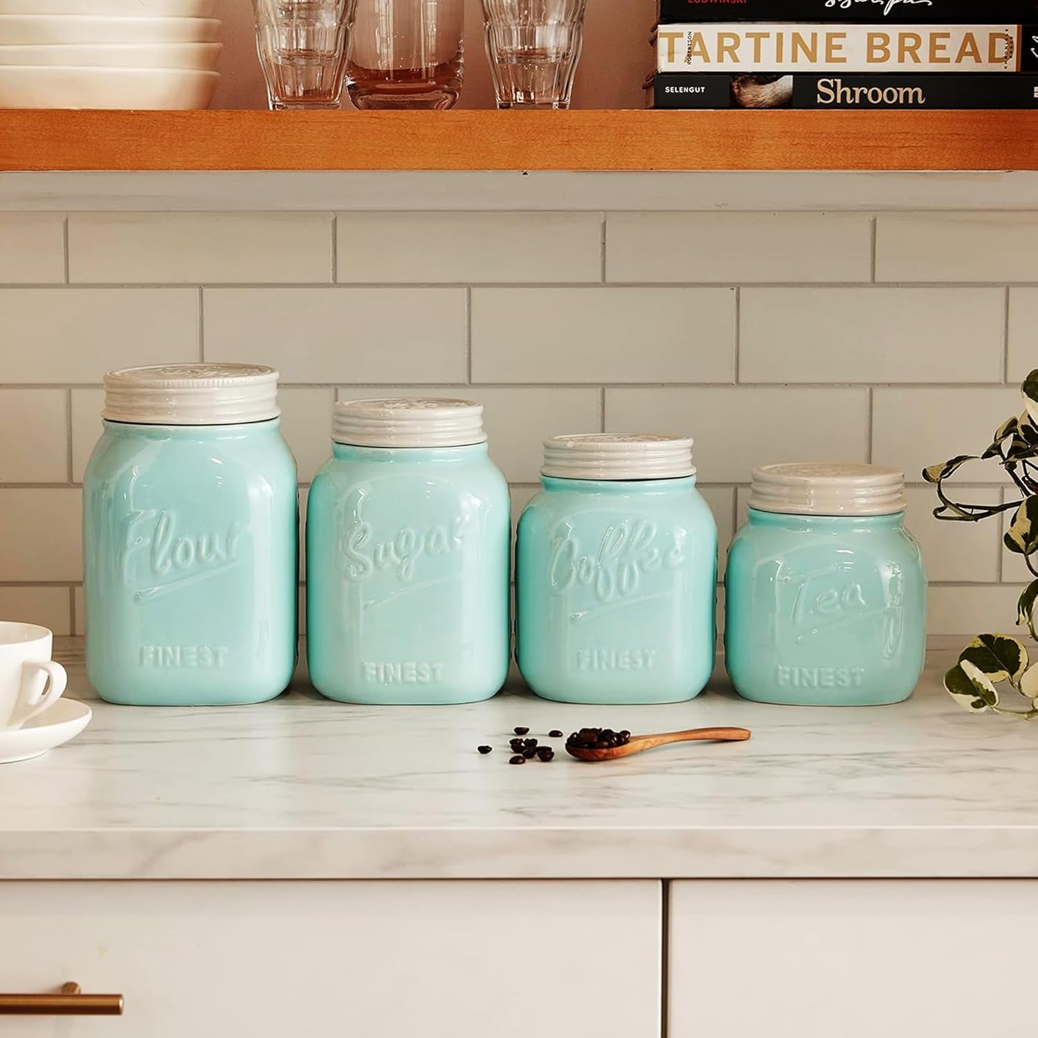 Young's Inc. 4 Pcs Set Blue Lagoon Nautical Ceramic Canisters- Storage Container for Kitchen and Bathroom - Beautiful Home Decor Accent to Store Food, Coffee, Tea, and More - White, Blue-VerdiqueGarden