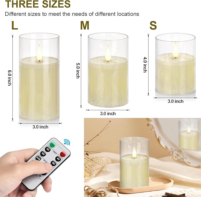 Flameless Flickering Remote Control Candle, Glass Pillar Candle,3 Pack (D:3"×H:4" 5" 6") LED 3D Flame Romantic Candle,Battery Operated Real Wax, Ideal for Wedding, Home Decor Holiday (Ivory)-VerdiqueGarden