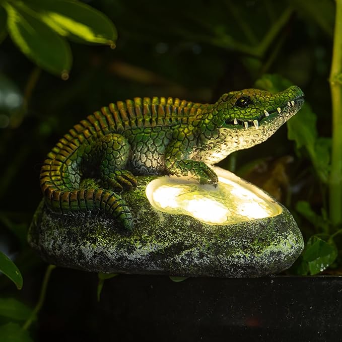 Garden Statue Crocodile,Solar Crocodile Decor for Outdoor,Resin Crocodiles Figurine with Solar Light for Patio,Balcony,Yard,Lawn Ornament,Perfect Garden Gift-VerdiqueGarden