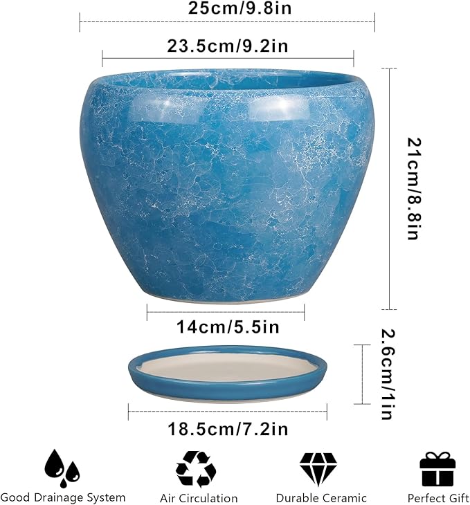 10 Inch Planter Pot - Ceramic Pots for Plants with Drainage Hole and Saucer, Round Large Flower Pot for Indoor Plants, Blue-VerdiqueGarden