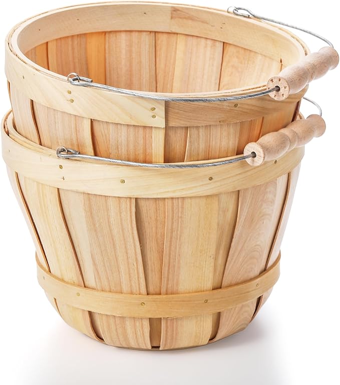 Okllen 2 Pack Round Wooden Baskets with Handle, Empty Wood Fruit Buckets, Easter Basket Fall Harvest Basket for Display Fruits Vegetables, Home Garden and Party Supplies, Natural Color-VerdiqueGarden