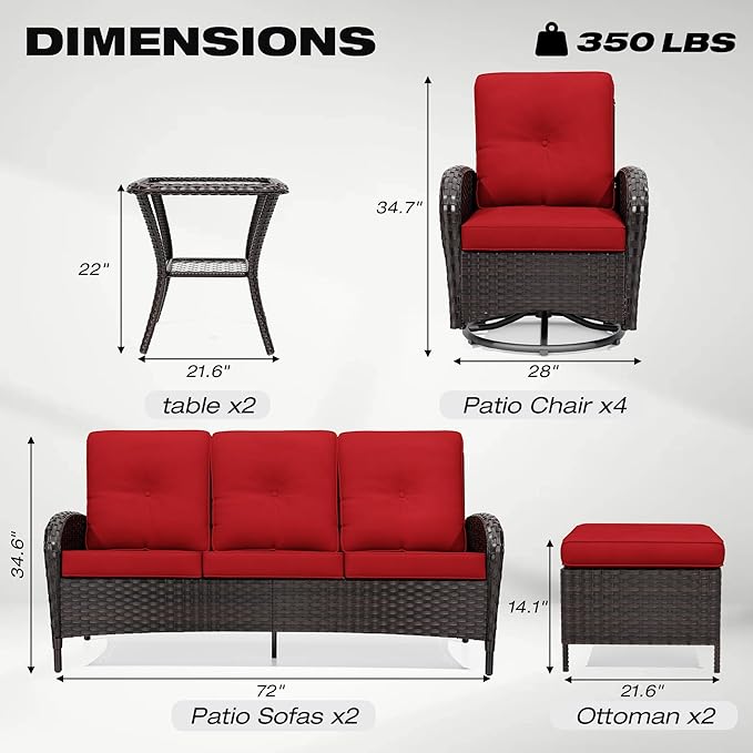 Joyside 10 Piece Patio Furniture Set, Outdoor Wicker Conversation Sets with Swivel Rocker Chairs and Sofa, Thick Cushion, Rattan Patio Sectional for Porch, Deck Use (Brown/Red, 10 PCS)-VerdiqueGarden