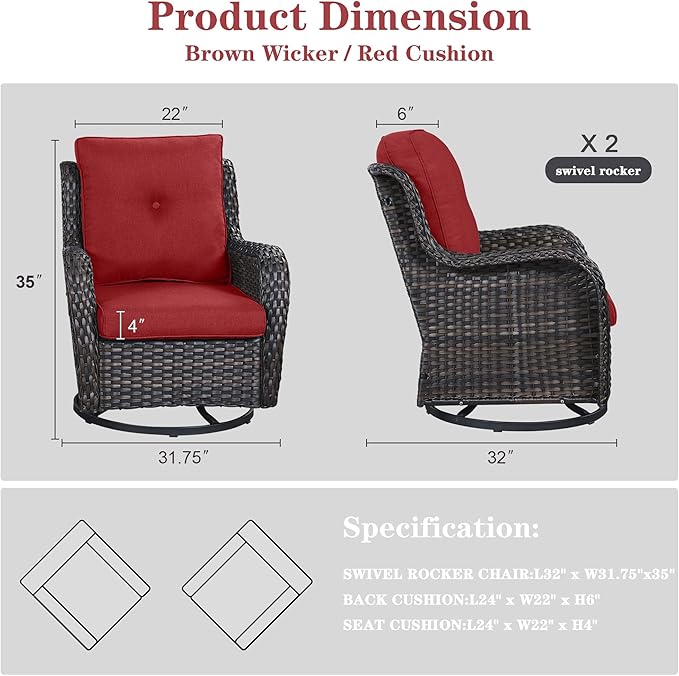 Outdoor Swivel Rocker Patio Chairs - 360 Degree Swivel Glider Seating Wicker Rocking Chairs Set of 2 with High Back Deep Seat for Porch Balcony Deck, Brown/Red-VerdiqueGarden