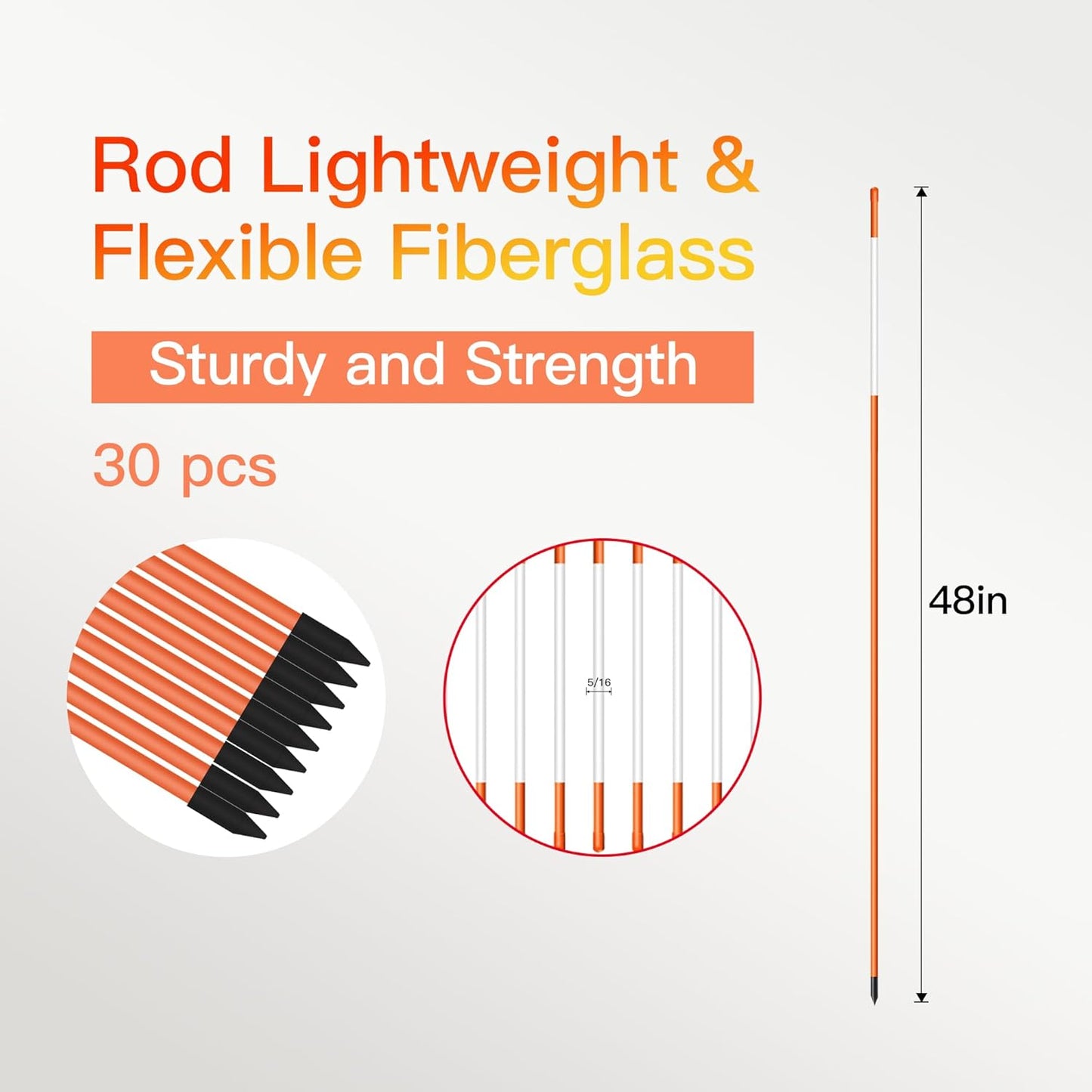 Driveway Markers 4 Feet 30pcs, 5/16 in Dia Snow Stakes with Reflective Tape, Highly Visible for Parking, Walkways, Snow Markers, 48 inch Dia Orange Fiberglass Driveway Reflectors with Steel Drill Bit-VerdiqueGarden
