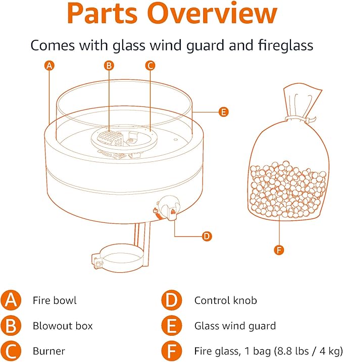 Amazon Basics 14-Inch Round Propane Fire Pit, 9000 BTU Portable Tabletop Fireplace with Glass Stones, Umbrella Hole Compatible for Outdoor Patio Tables & Camping, Brown-VerdiqueGarden