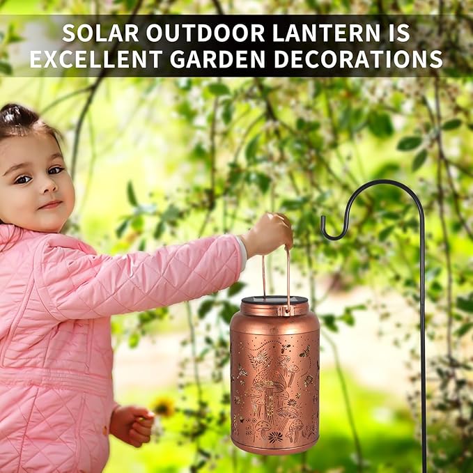 Solar Lanterns Outdoor Waterproof Bee Mushroom Decoration Gifts for Women Mon Grandma Hanging Solar Lights for Outside Metal LED Lanterns for Yard, Patio, Garden Decor-VerdiqueGarden