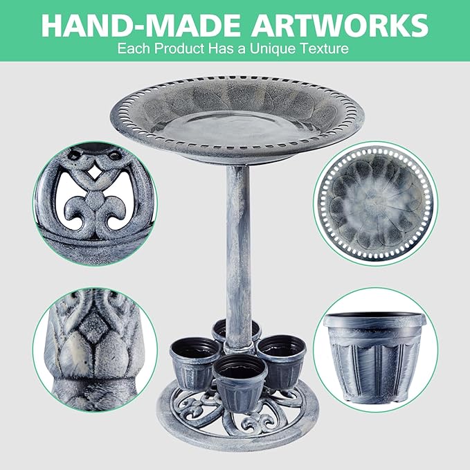 Bird Bath for Outside with 4 Removable Flower Planters 28in Polyresin Lightweight Vintage Birdbath for Outdoors Stake Standing Bowl and Water Feeder Yard Garden Decor Gray-VerdiqueGarden