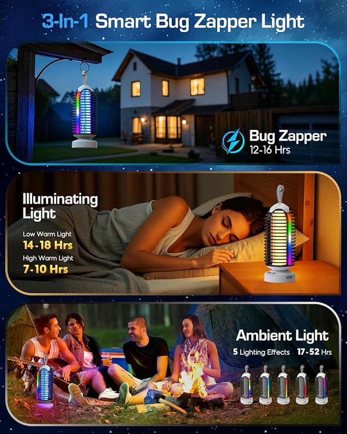 (2 Pack) Bug Zapper Outdoor with Marquee Light, Cordless Mosquito Zapper, 4000mAh Rechargeable Bug Zapper Indoor, Auto On/Off Waterproof Mosquito Trap Fly Zapper for Patio Backyard Kitchen Camping