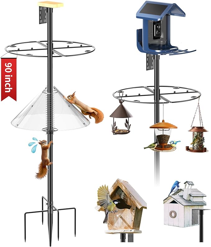Bird Feeder Pole with Squirrel Baffle - 90 Inch Bird House Pole with Semicircular Hook for Outdoors, Squirrel Proof Baffle with Stainless Steel Spring for Better Defense, Slip-Fit Connection-VerdiqueGarden