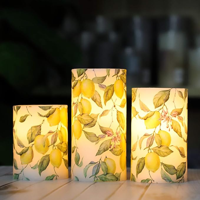 Flameless Candles Lemon Decor Battery Operated Lights with Remote Real Wax Flicker Electric Pillar Fake Candle for Home Bridal Shower Coffee Table Party Decorations Birthday Gifts for Women-VerdiqueGarden