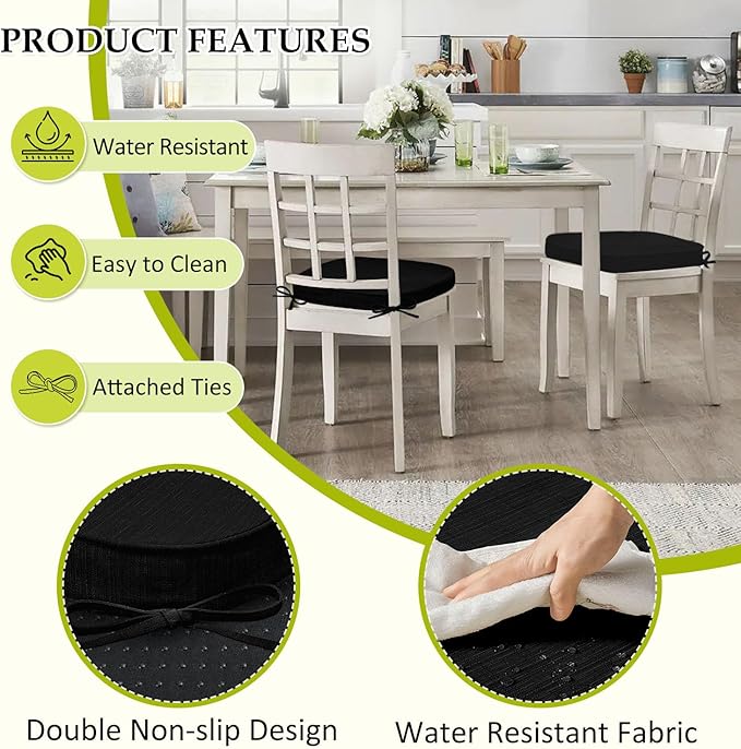 Chair Cushions for Dining Chairs, Indoor Chair Cushions with Ties，Waterproof Chair Pads Set of 4, Black, 17x16x2.5 Inch-VerdiqueGarden