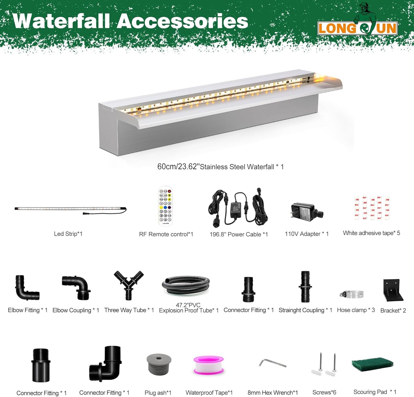 LONGRUN Waterfall Pool Fountain, Updated 5.9'' Wider Open Lip Stainless Steel Waterfall Spillway, Decorative Water Feature for Swimming Pools, Koi Ponds, Spa & Garden - 23.6''-VerdiqueGarden