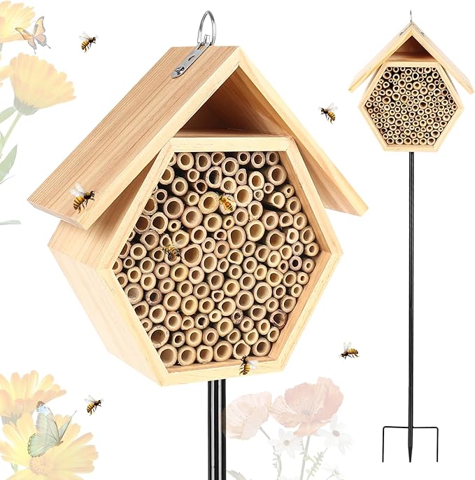 Mason Bee House for Garden, Natural Wooden Bee Habitat with Metal Ground Stake, Attracts Pollinators, Improve Garden Productivity, Outdoor Decoration-VerdiqueGarden