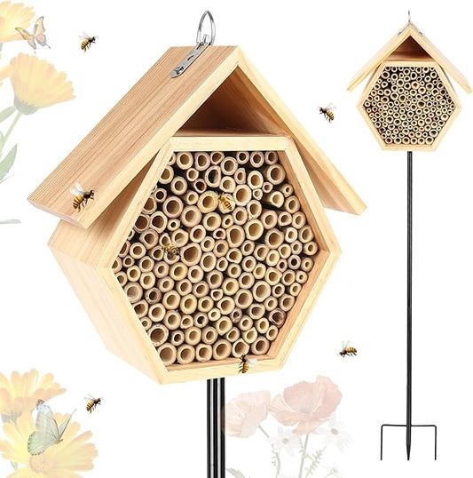 Mason Bee House for Garden, Natural Wooden Bee Habitat with Metal Ground Stake, Attracts Pollinators, Improve Garden Productivity, Outdoor Decoration-VerdiqueGarden