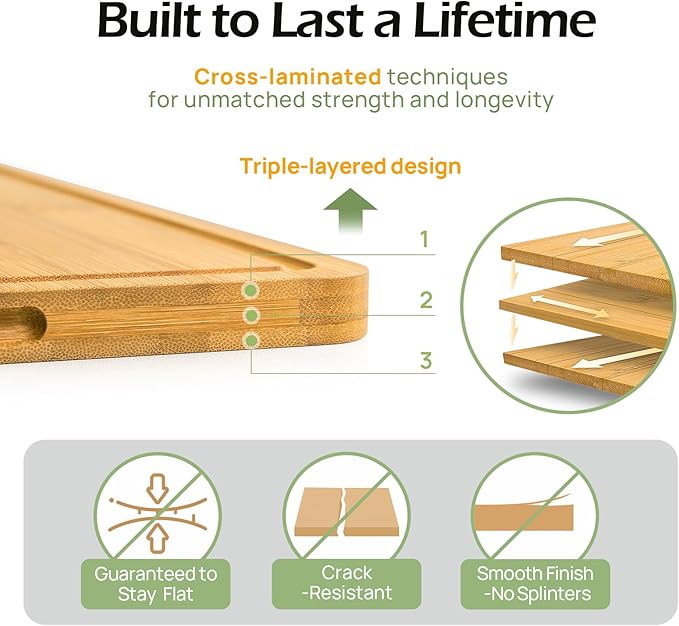 Chopping Board Duo 2-Pcs Natural Bamboo With Juice Channels & Knife-Friendly Finish For Versatile Kitchen Use, Ideal Charcuterie & Chopping Multi-Use-VerdiqueGarden
