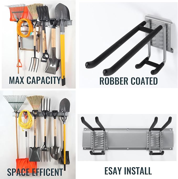 Wall Mount Tool Storage Rack, Heavy Duty Garage Organizer, Garden Hooks and Hangers, Hold Up to 350lbs Grey AK806-VerdiqueGarden