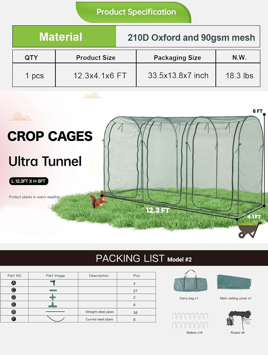 Poray Large 12.3X4FT Tunnel Plant Netting Cover,6FT Tall Crop Cage Tomato Netting for Vegetables&Fruits,Durable Gardening Net for Plant and Animals-VerdiqueGarden